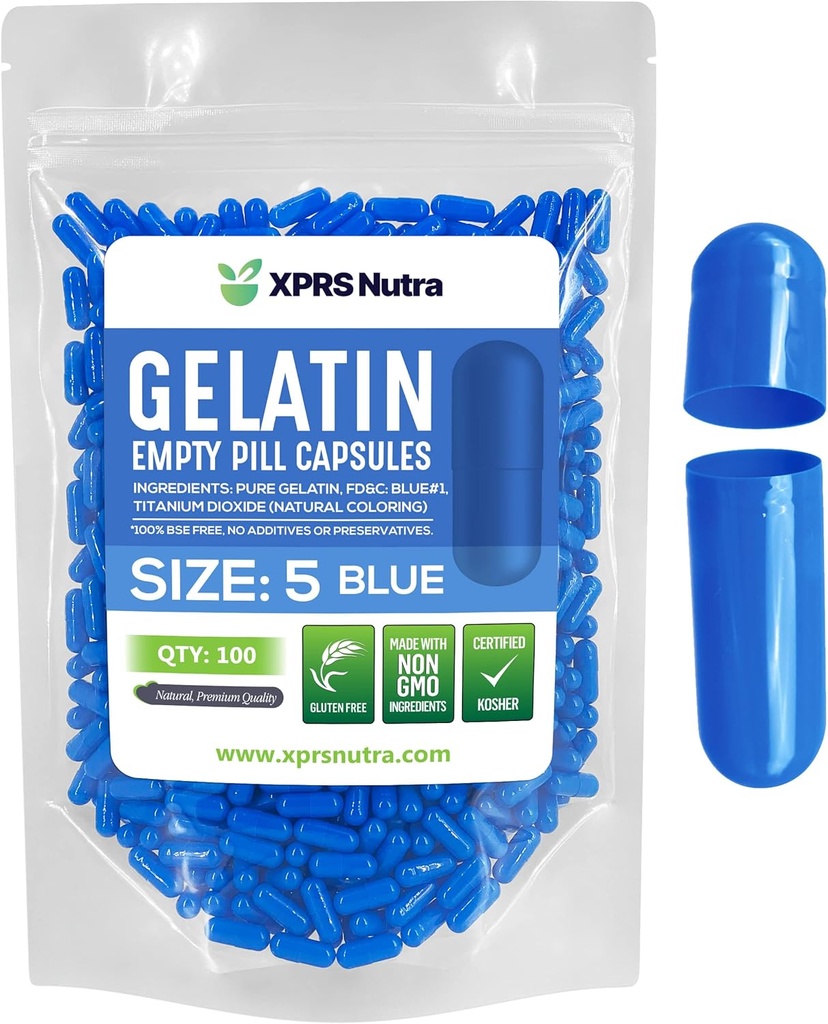 XPRS Nutra Size 5 קפסולות ריקות - 100 ספירה קטנה מאוד גלוטין קפסולות - Pills Diet Filling - Fillable Pill Gel Caps for Do-It-Yourself Supplements (כחול)