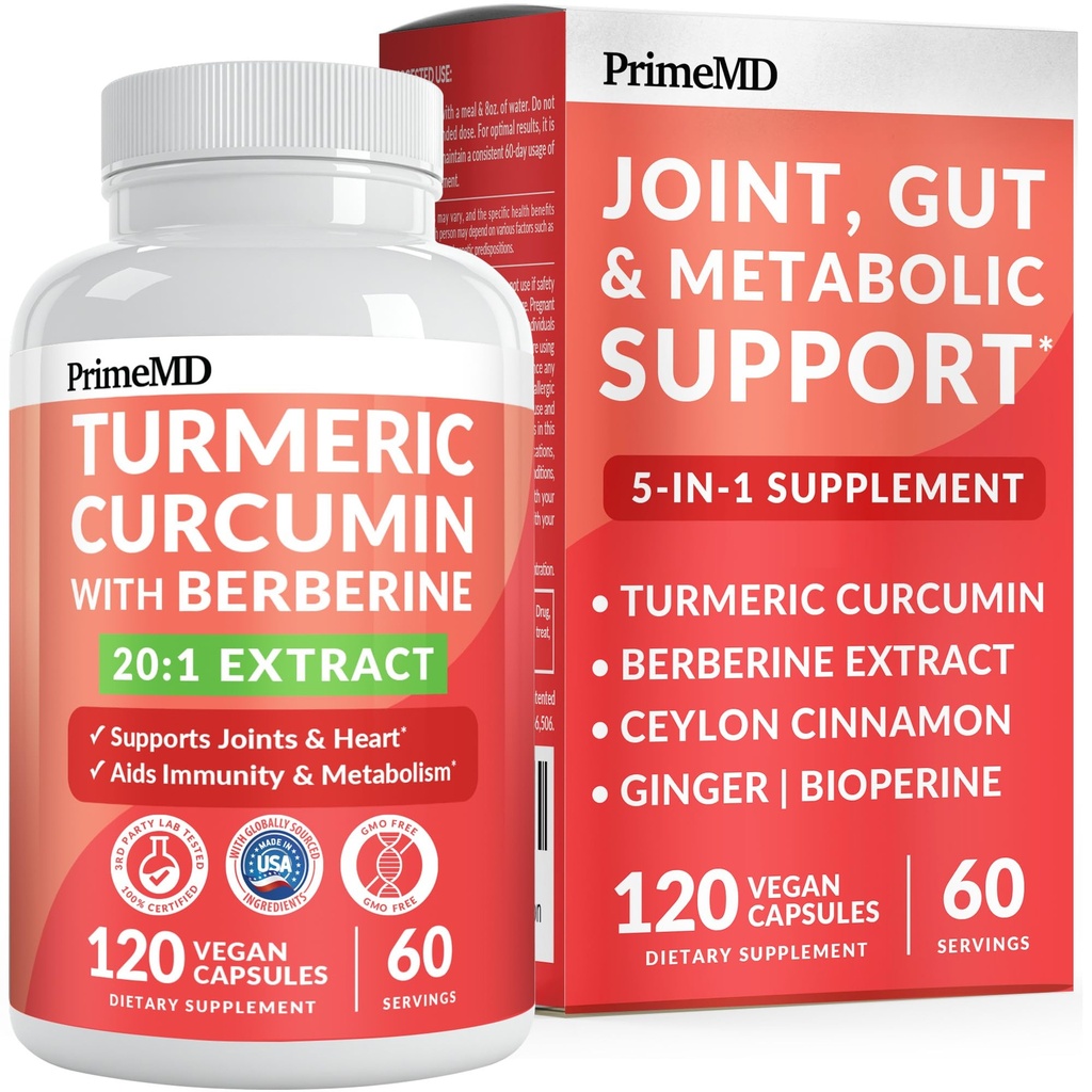 5-in-1 אורגני Turmeric Curcumin תוסף (310 מ"ג) עם Berberine, Ceylon Cinnamon Bioperine ו-Ging תוספים עבור משותף, לב, Gut, & Metabolic Support (120 ct)