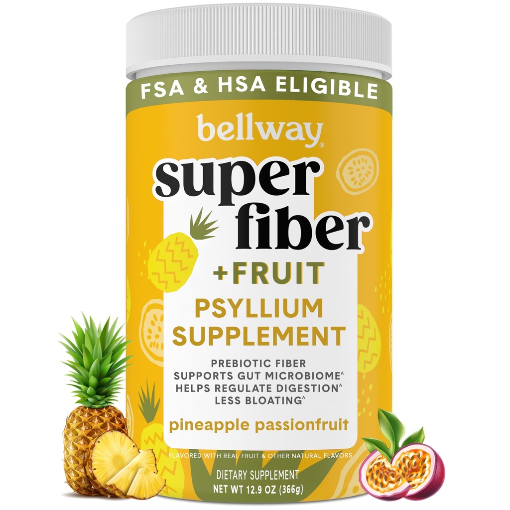 Bellway Super סיבים אבקה + פירות, סוכר חינם אורגני Psyllium Husk אבקת סיבים עבור סדירות, Bloating Relief & Digestive Health, Plant-based, Pineapple Passion פירות (50 משרתים)
