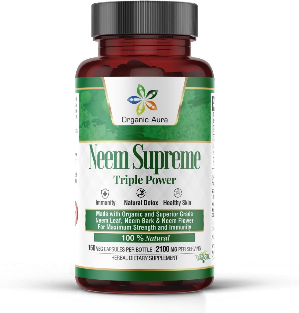 Aura Neem העליון קפסולות. 150 קפסולות Veg תרכובת משולשת - Max Power Pure High-Potency Azadirachta Indica כמוסות. Antioxidant טבעי, Skin Health, תמיכה בתחמושת.