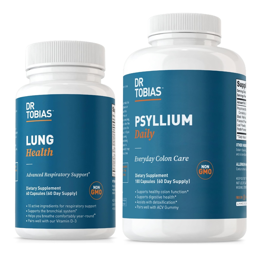 ד"ר Tobias Lung Health & Psyllium Daily Supplements, Lung Cleanse & Detox פורמולה, תומך תנועות באול בריאים עם Psyllium Husk, ויטמין C, Butterbur, Quercetin, Daily סיבים ו- Lung תוספת תוספת תוספת תוספת תוספת תוספת תוספת תוספת תוספי
