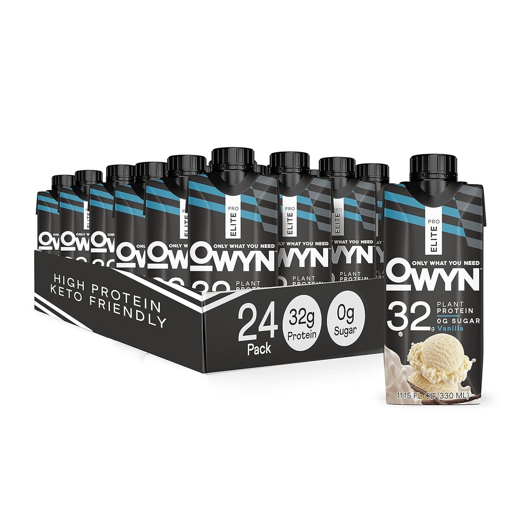 OWYN Pro Elite Vegan Plant-מבוסס חלבון שקד, וניל, 24Pack, 32g Plant Protein, Prebiotics, Superfoods Greens for Workout and Recovery, 0g Net Carbs, Zero Sugar, Keto (24 Pack)