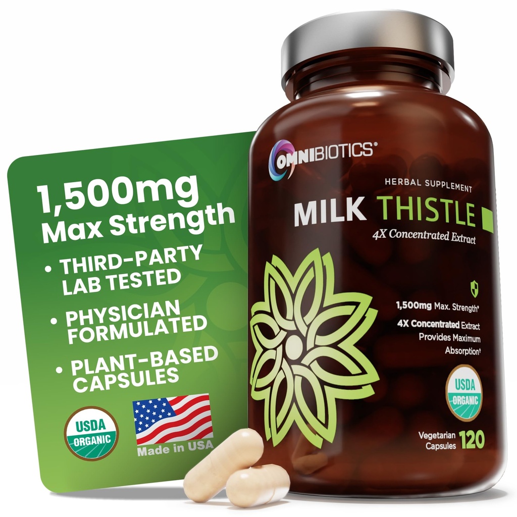 OmniBiotics Organic Milk Thistle תוסף 1500 מ"ג - 4X ריכוז עם Silymarin - High Potency Liver Detox & Support - 120 קפסולות טבעוניות