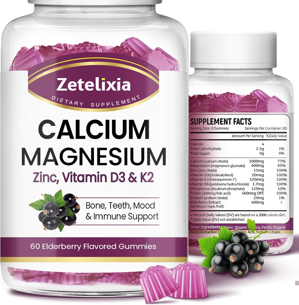 Calcium Gummies עם D3, Calcium Magnesium תוספת עם Glycinate,Potassium,Vitamin D3 & K2, וWhole Natural מזון עבור העצם & Immune תמיכה 120 Chewable Gummy Elderberry פלמור