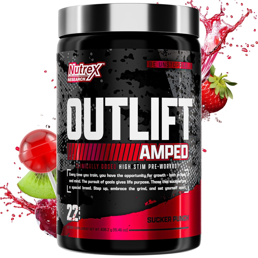 OUTFT Amped Max Dosed High STIM טרום עבודה אבקה, 6G Citrulline, 3.2G Beta Alanine, Alpha GPC, CognatiQ, אנרגיה קיצונית, משאבות מסיביות, כוח, אלקטרוליטים, nootropics, פירות Punch, 22 משרתים