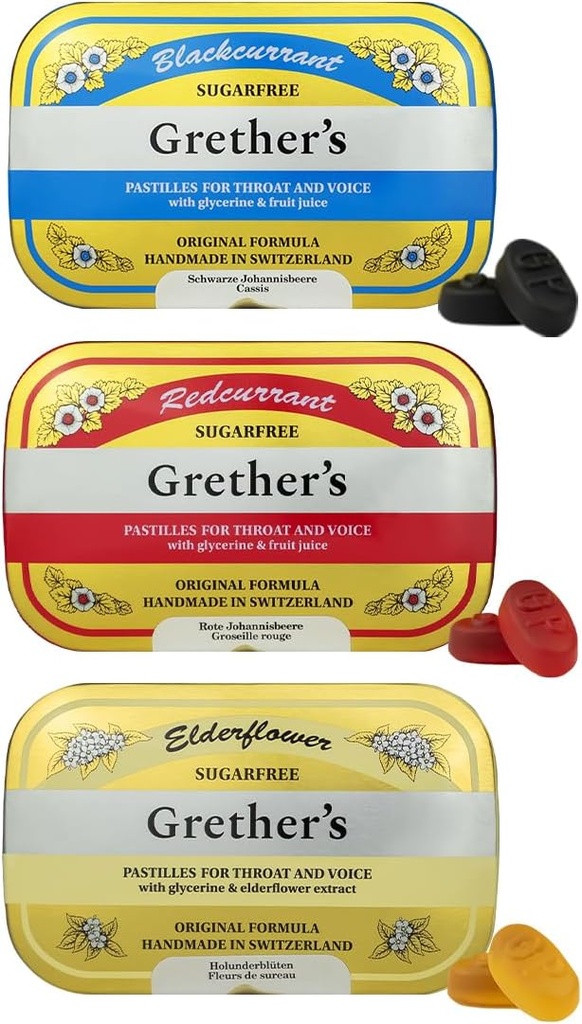 GRETHER'S Sugarfree Pastilles Blackcurrant, Elderflower & Redcurrant - מתנה עבור זמרים - טיפול טבעי עבור הקלה בפה יבש - 2.1 oz (Pack of 3)