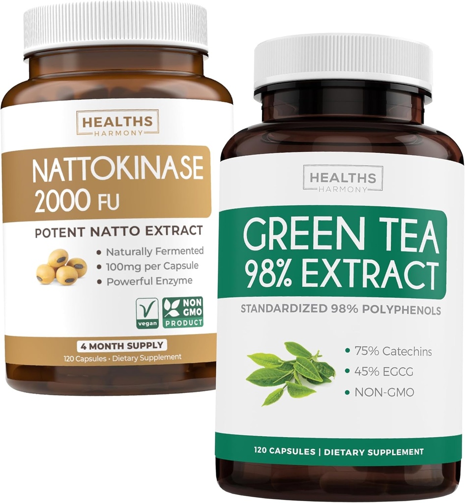 Nattokinase & Green Tea (2-Month Supply) Green Vitality Boost - Nattokinase 2000 FU Powerful Naturally Fermented Soybeans -120 Caps & Green Tea Extract 98% with EGCG (Non-GMO) Natural Metabolism Boost