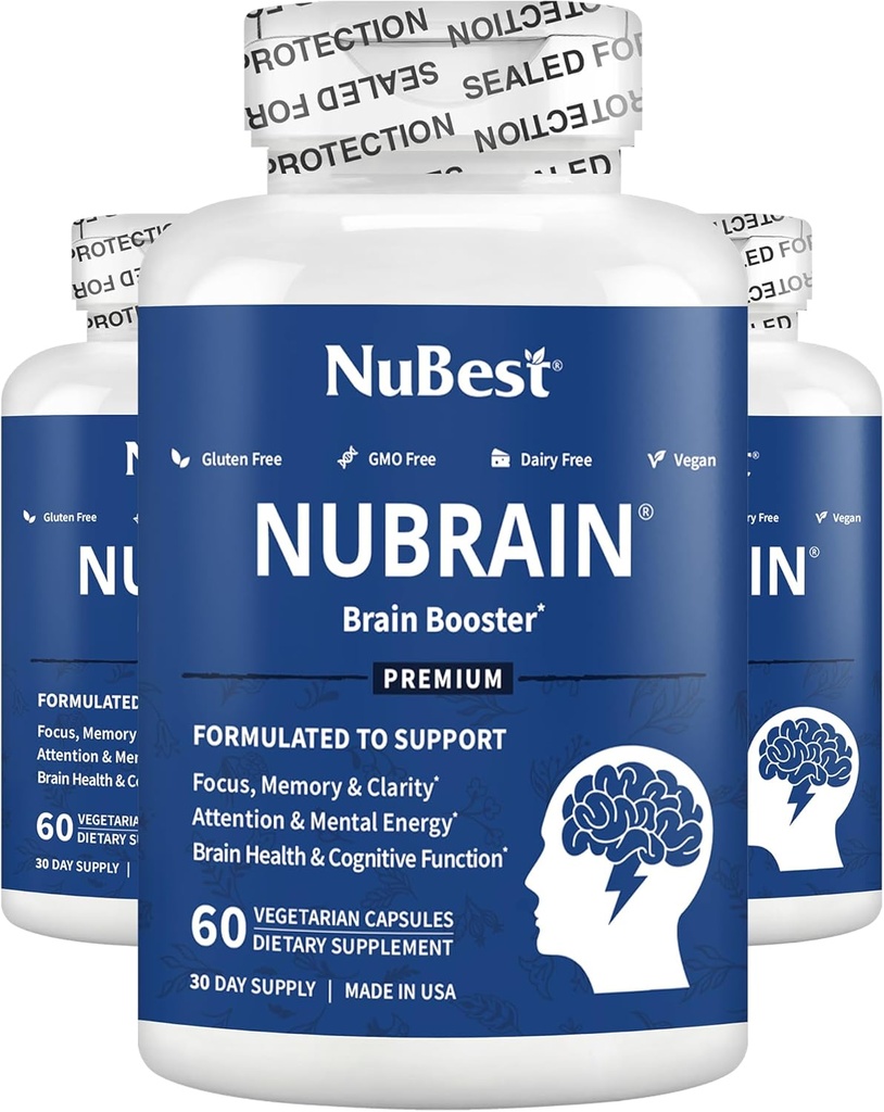 NuBrain - Advanced Brain Booster - שיפור זיכרון, פוקוס וקלילות עם ויטמין B6, גינקו בילובה, Bacopa Monnieri & More - תוסף המוח לגברים ונשים - 3 Pack | 3 חודשים אספקת