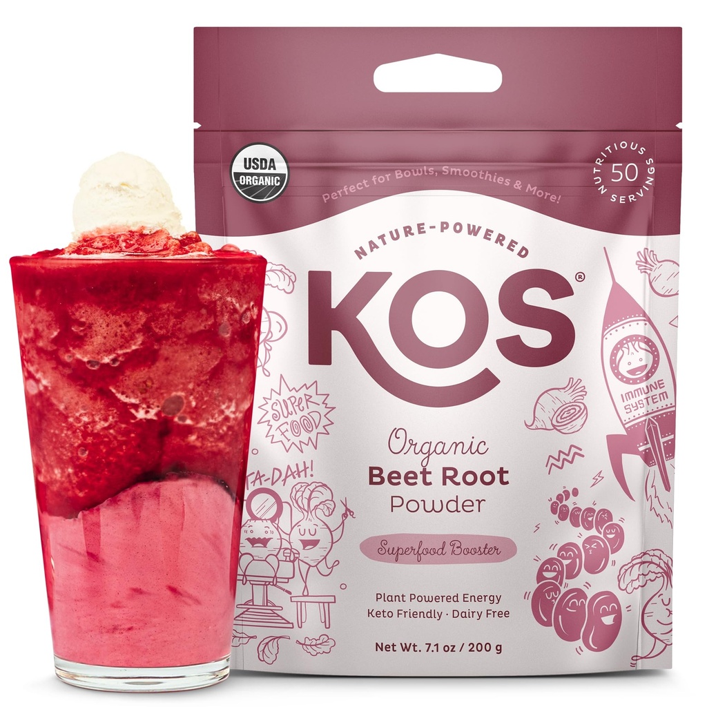 אבקת שורש אורגני KOS אורגני Beet, USDA Certified - Superfood Plant Based Beetroot Ingredient for Stamina גדל, Circulation - Non-GMO, Soy & Gluten-Free, 50 המשרתים באג