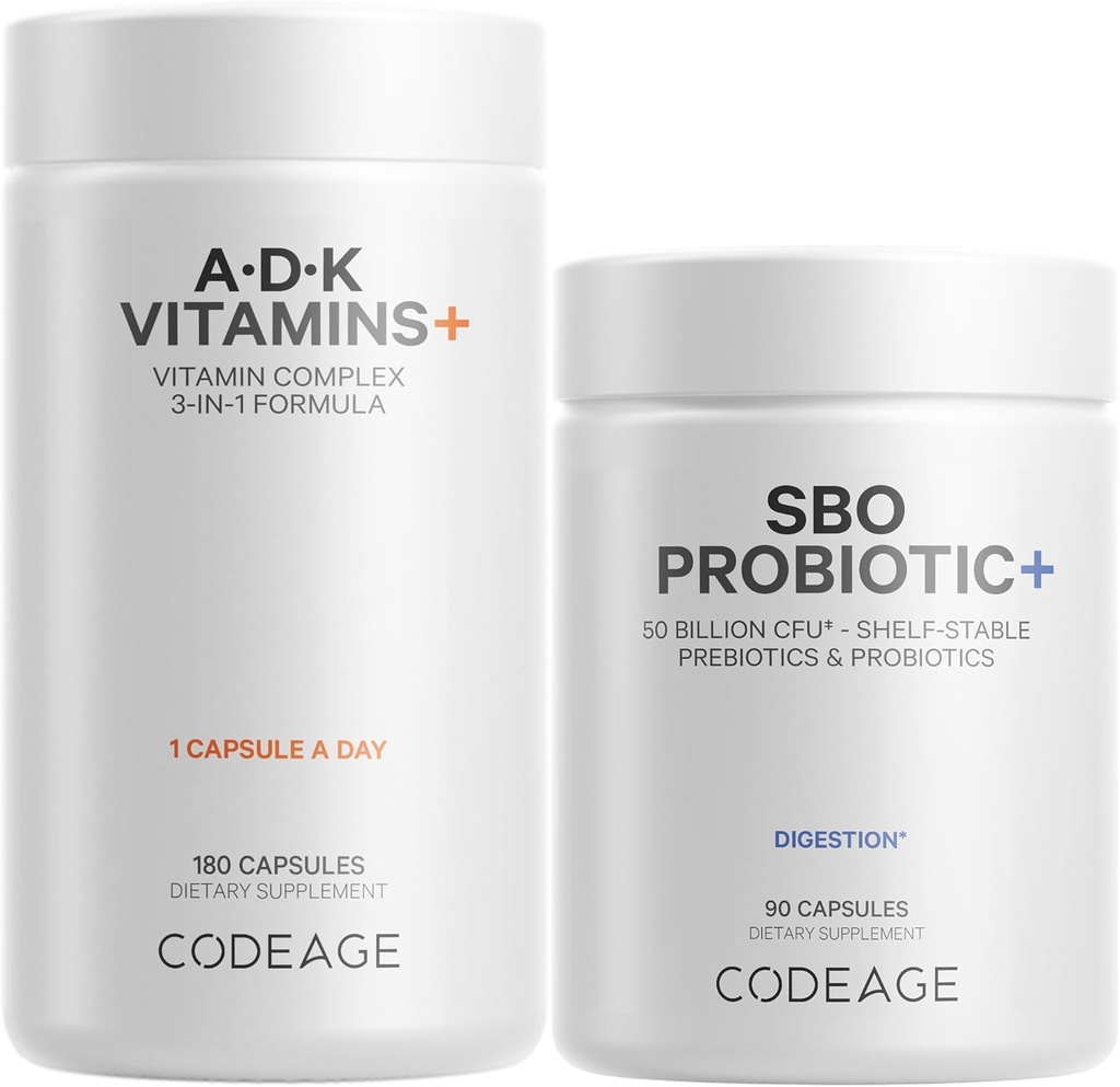 Codeage Daily ADK ויטמין & Probiotic Bundle - ויטמין A Retinyl Palmitate, ויטמין D3 Cholecalciferol, ויטמין K, 50 מיליארד CFU SBO Probiotic, Non-GMO