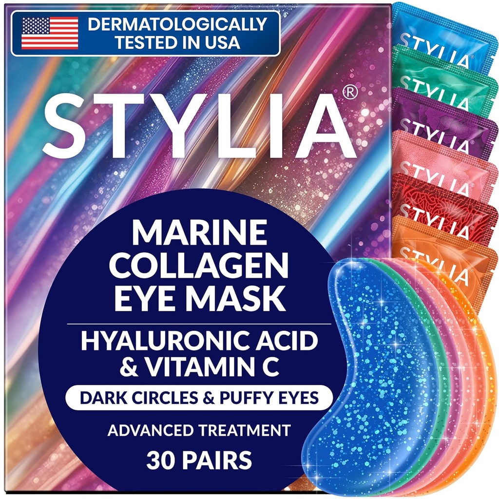 Stylia Collagen & ויטמין C תחת עין פאטches עבור עיניים נפוחות ועיגולים אפלים - Depuffing, hydroting & Firming תחת המסכה העין עם Hyaluronic Acid - טבעוני, Cruelty-Free Skincare (30 Pairs)