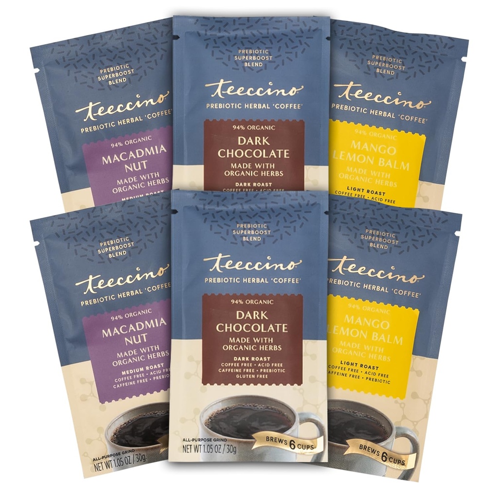Teeccino Prebiotic SuperBoostTM Herbal Coffee Sampler - 6 Trial-Size Packets - שוקולד אפל, מנגו לימון Balm, Macadamia Nut - Prebiotic, Caffeine-Free, Ground אלטרנטיביs for Good Gut Health