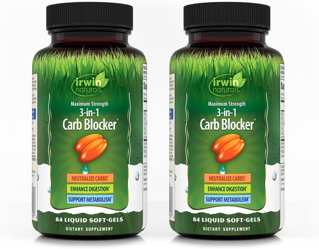 Irwin Naturals מקסימום כוח 3in-1 Carb Blocker - 84 נוזל Soft-Gels, Pack of 2 - Neutralize Carbohydrates - 84 מוחלט המשרתים
