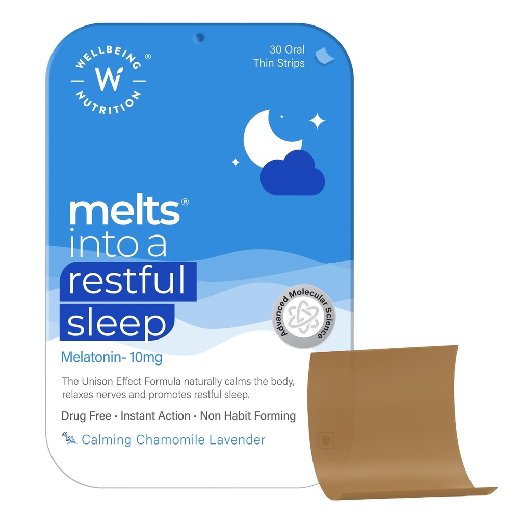 WellBeing Nutrition Melts Restful Sleep Aid: Melatonin מבוסס צמחים 10mg for Better Sleep with Chamomile, Tagara, L-theanine | Non-Addictive Sleep-Aid, Safe, Natural, 30 Oral Strips