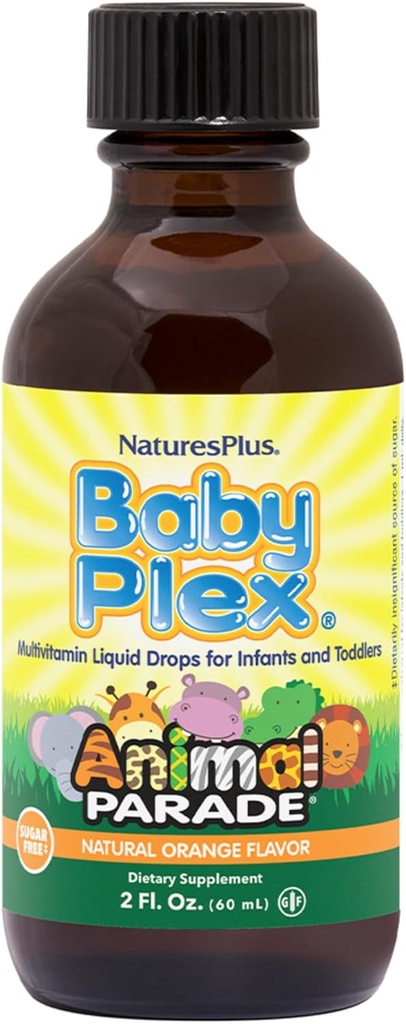 NaturesPlus Animal Parade Baby Plex, Natural Orange Flavor - 2 fl oz, Pack של 2 - נוזל Multivitamin עבור תינוקות ופעוטות - סוכר חינם, Gluten חינם - 120 המשרתים מוחלטים