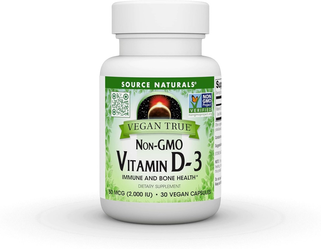 מקור טבעי טבעוני True, non-GMO ויטמין D-3, תוספת תזונתית עבור Immune ו- Bone Health *, 2,000 IU - 30 קפסולות