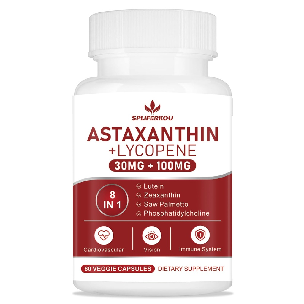 Astaxanthin ו Lycopene 70mg, Astaxanthin תוספת עם Phosphatidylcholine, Lutein ו Zeaxanthin, Powerful Antioxidants Support for Skin, Eye and Joint Health (60 קפסולות)