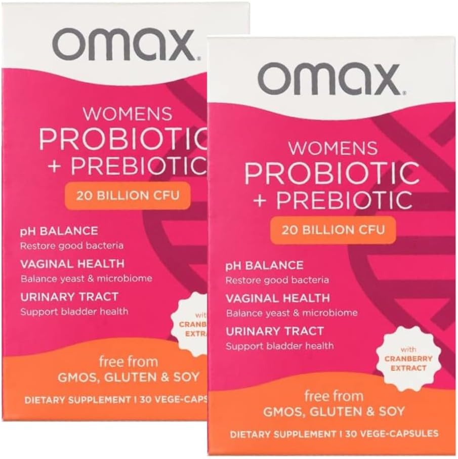 2 Pack Omax Prebiotics & Probiotics Complex for Women, pH Balance, Vaginal Health, Urinary Tract, Yeast, UTI / BV Prevention, Bloating pH 20 מיליארד CFU