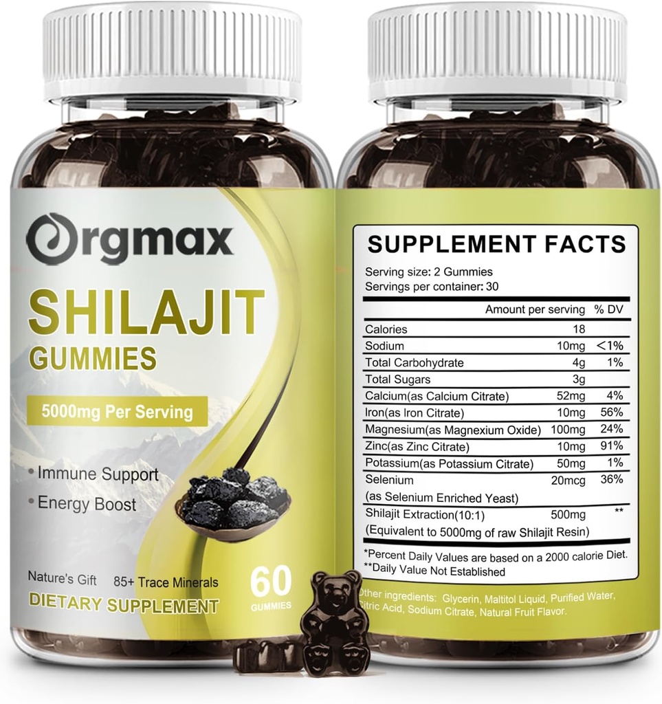 Shilajit Pure ההימלאיה האורגני Shilajit Gummies,5000MG תוסף Shilajit לגברים ונשים עם 85+Trace מינרלים & Fulvic Acid, Support for Focus, Energy & Immune, Non-GMO