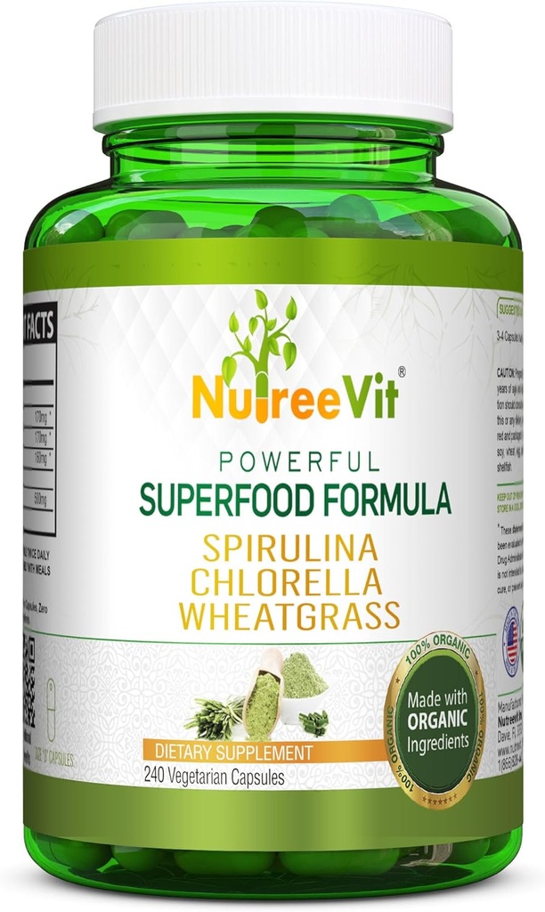 NutreeVit Pure 100% אורגני Spirulina + Chlorella + חיטה - Powerful Superfood - Veggie כמוסות