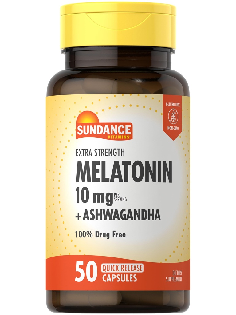 Sundance Melatonin 10mg עם Ashwagandha | 50 קפסולות | תוספת כוח | Non-GMO & Gluten Free Supplement