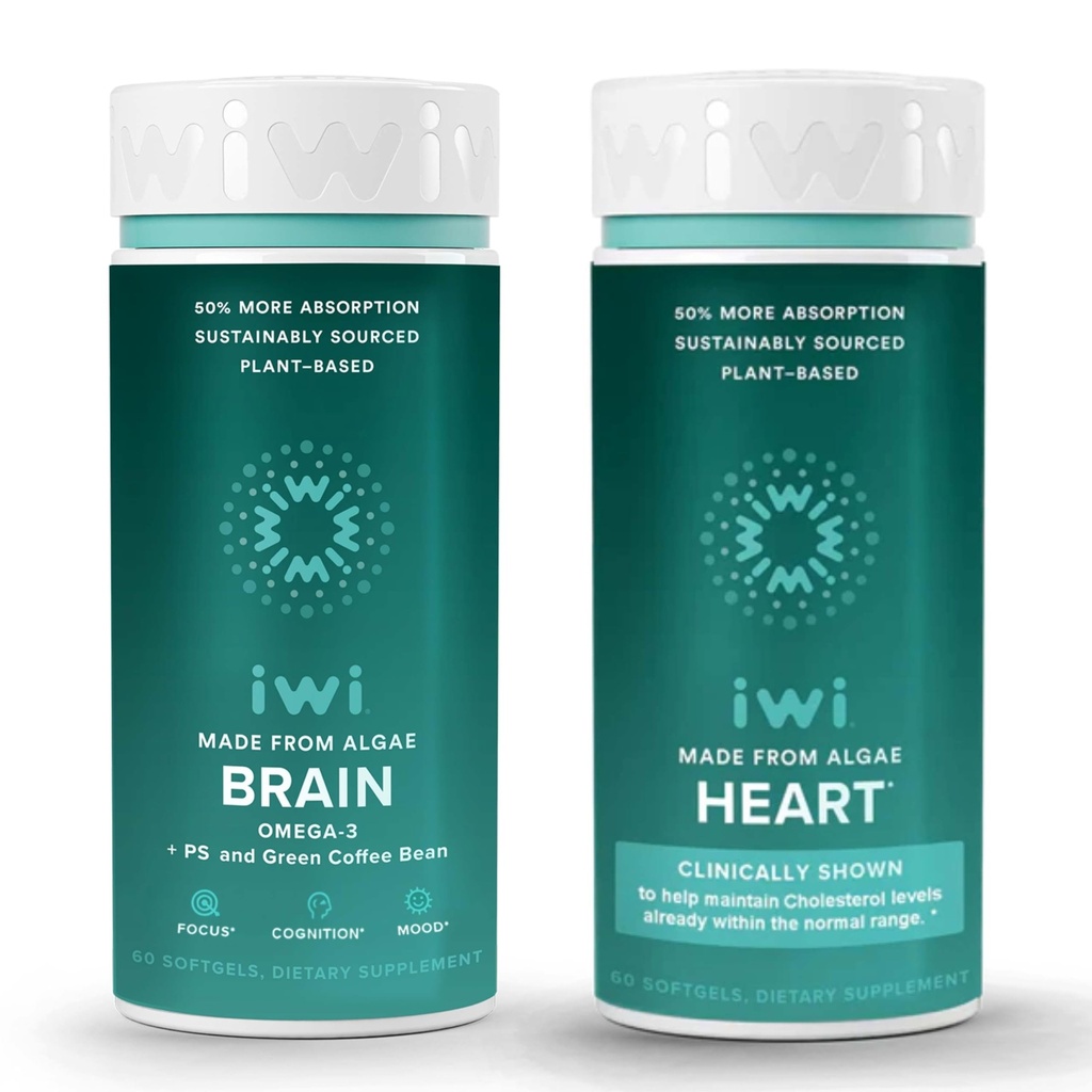 Iwi Life Brain & Heart אומגה 3 Bundle, 30 משרתות, Algae אומגה 3, קריל & Fish שמן אלטרנטיבי, No Fishy Aftertaste