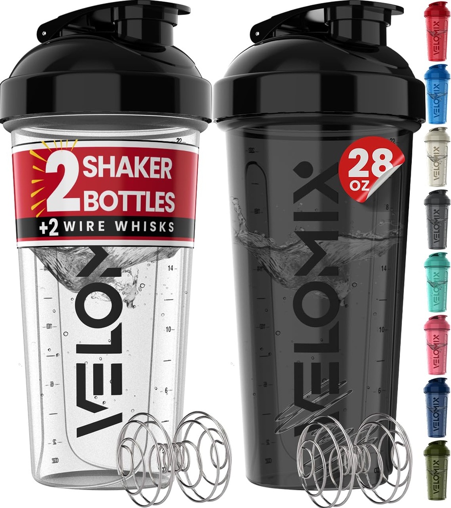 VELOMIX -2 Pack- 28 oz חלבונים Shaker בקבוקי חלבונים למיקסלים חלבונים - 2x Wire Whisk | Leak Proof Shaker Cups forחלבון Shakes