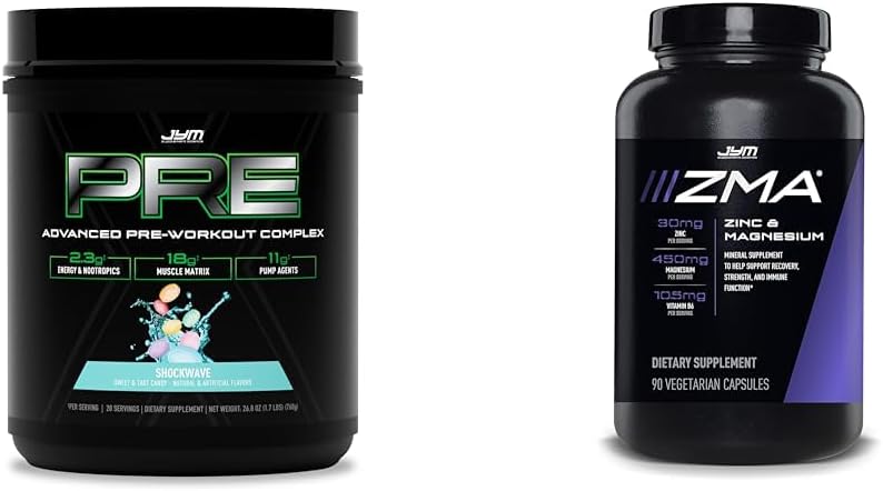 JYM X - Shockwave Pre Workout אבקת & JYM ZMA Zinc / Magnesium קפסולות תוסף - Zinc, Magnesium ו ויטמין B6 | 90 קפסולות צמחוניות