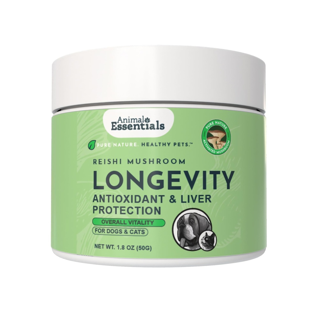 Animal Essentials LONGEVITY Reishi Mushroom for Dogs & Cats - פונקציונליות בריאה של Cardiovascular & Liver, תומך לטווח ארוך בריאות, תמצית אבקת Mushroom, Antioxidant - 1.8 Oz (Pack of 1)