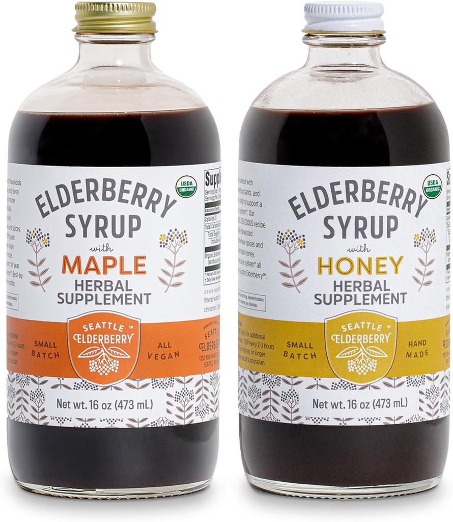 Syrup Bundle - 2 בקבוקים של תוספי יוקרה, Gluten-Free Elderberry צמחיים עם היתרונות של Immune Potent עשויים רק רכיבים אורגניים בליטות קטנות בארה"ב - 32oz