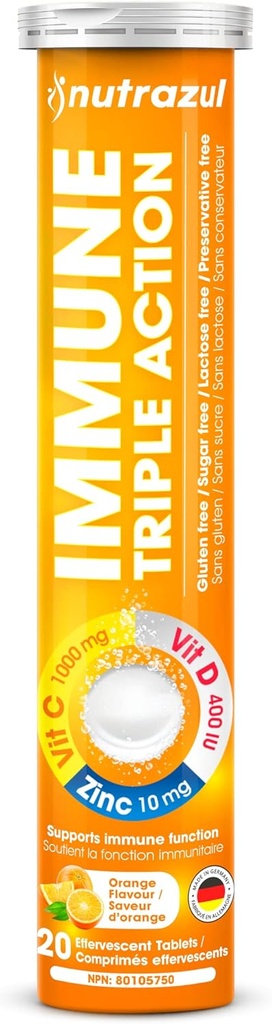 nutrazul Immune Triple Action Effervescent Tablet -1000 מ"ג ויטמין C, ויטמין D, Zinc I Orange 20's IGHz חינם, סוכר חינם, Lactose חינם & Preservative חינם אני שומר על פונקציות Immune פונקציונלי