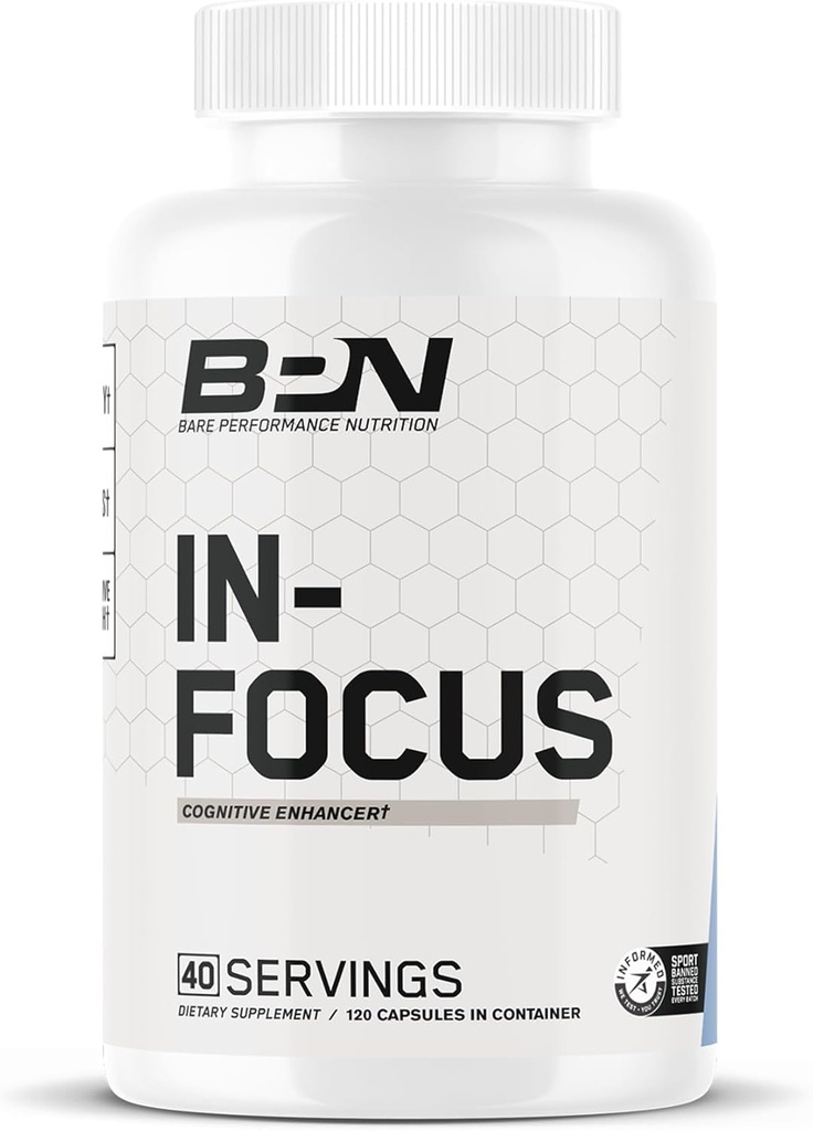 BARE PERFORMANCE NUTRITION BPN in-Focus Brain Supplement for Memory & Focus Caffeine Pills, 1g של L Tyrosine לשרת + Alpha GPC, 40 משרתים, גלוט חינם + טבעוני