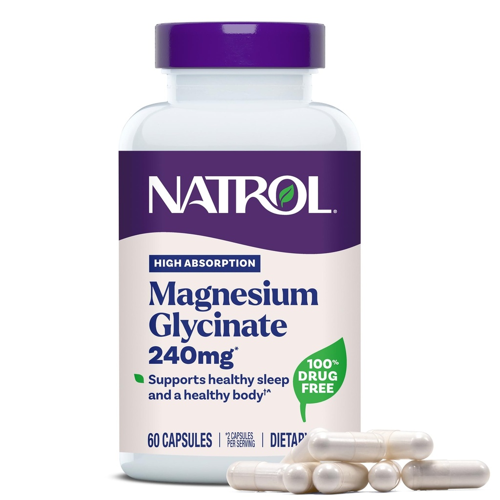 Natrol Magnesium Glycinate תוספי 240 מ"ג - High Absorption - Calm Magnesium Glycinate for Sleep - 60 קפסולות, 30 יום אספקה
