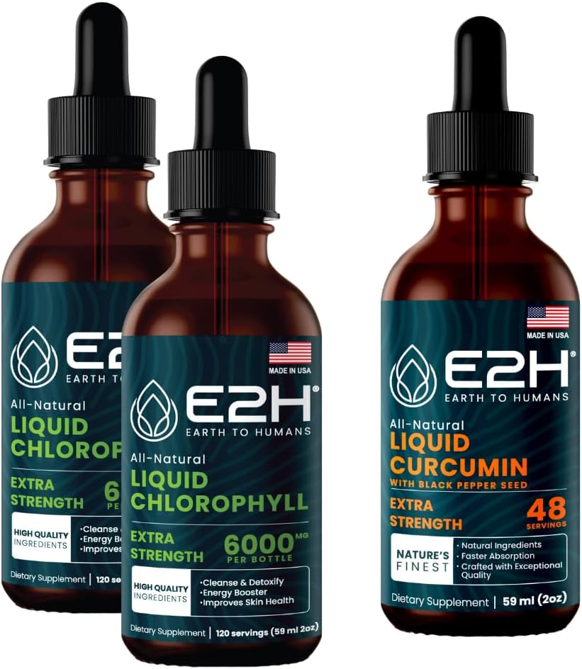 E2H: Chlorophyll נוזל טיפות (2 Pack - 4 Fl Oz) ו כורכום נוזלי Turmeric (Single Bottle - 2 Fl Oz)