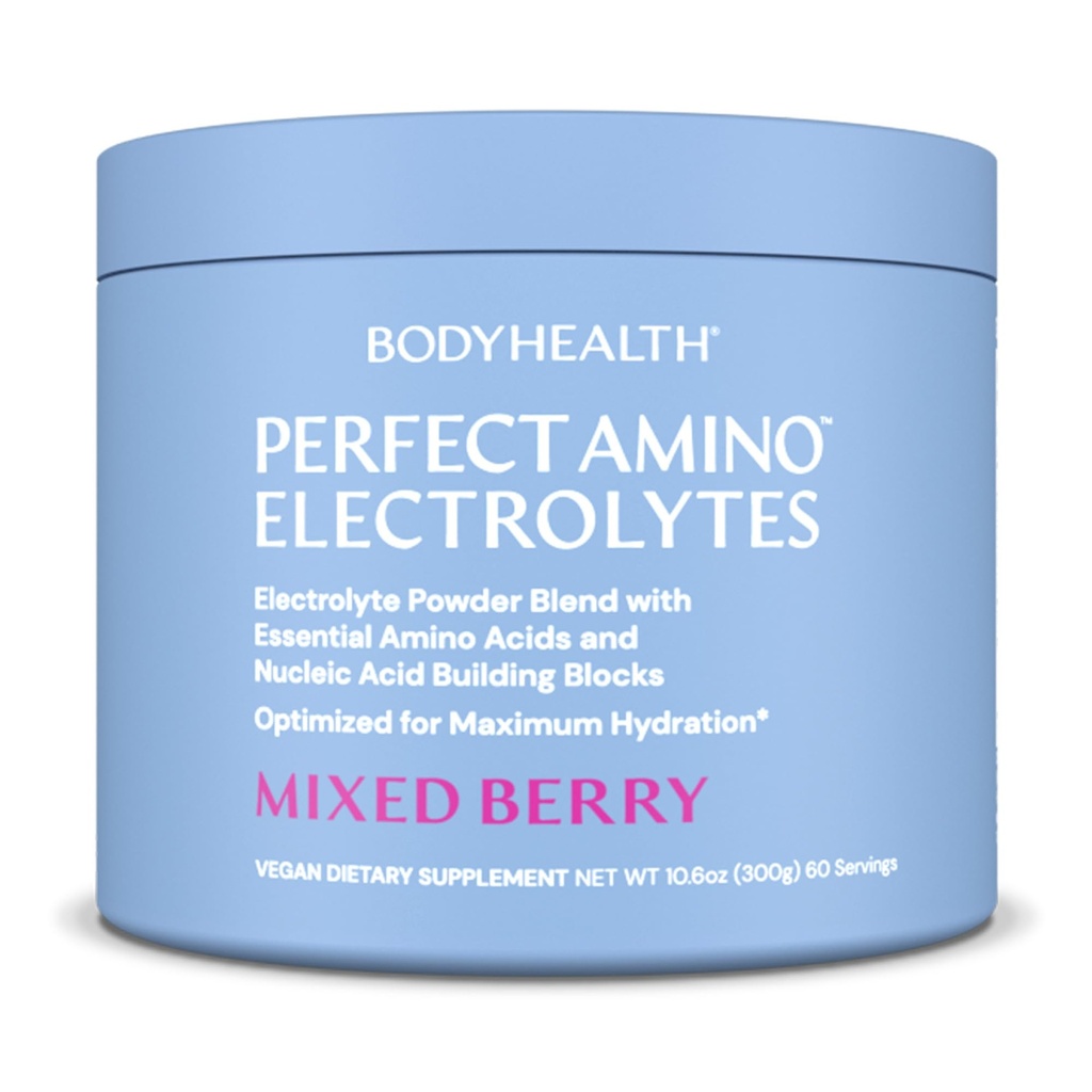BodyHealth PerfectAmino Electrolytes אבקת No Sugar, Keto Sugar חינם Fasting Electrolytes לשתות Mix, אבקת הידרציה עם Trace מינרלים - מעורב ברי - 60 משרתים