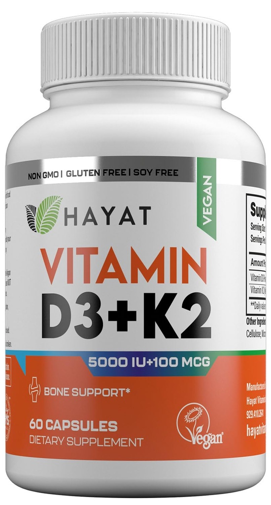 HAYAT ויטמינים טבעוניים ויטמין D3+K2 (5000 IU + 100 MCG), תוספת תזונתית עבור העצם, שיניים, שריר ותמיכה בריאות החיסון, 2 חודשים , HAL, 60 קפסולות, המיוצר בארה"ב