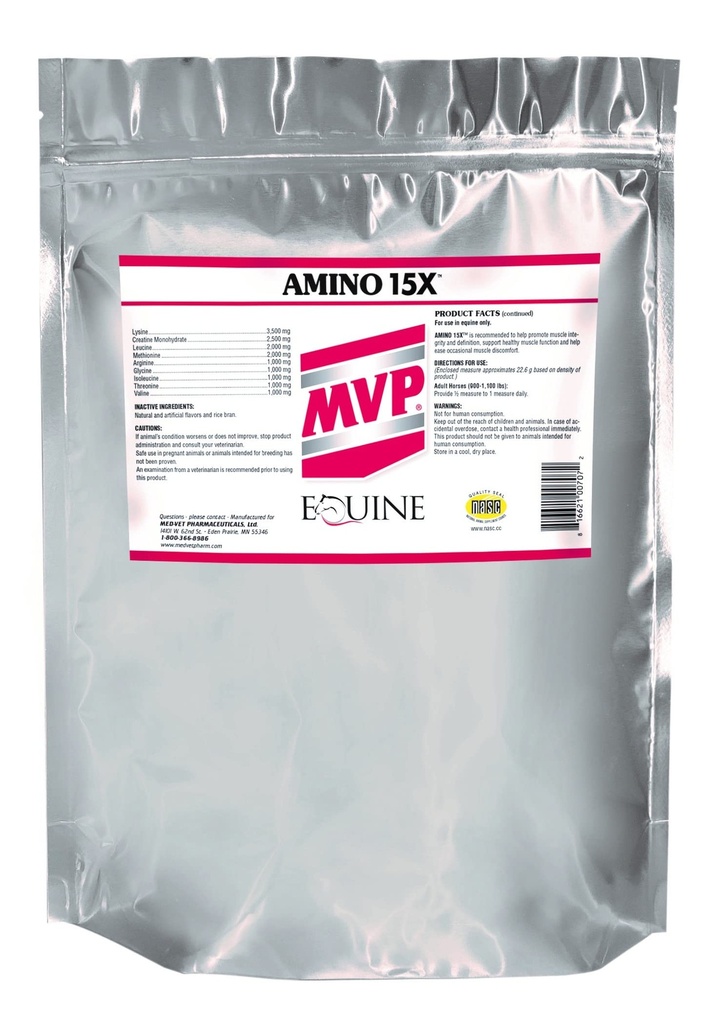 MVP Amino 15X (1.5lb) תומך בתפקוד שרירים בריא, פיתוח ושיקום בסוסים.