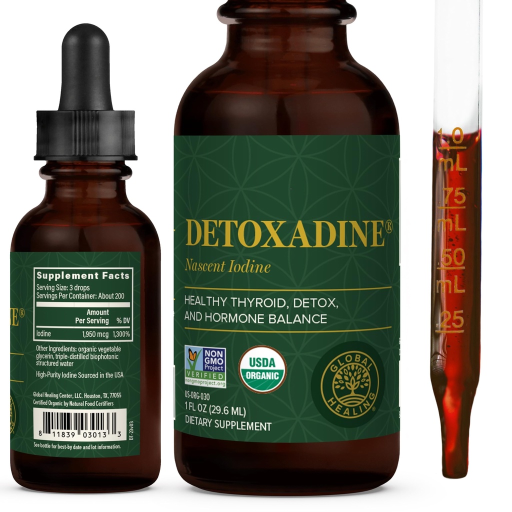 מרכז הריפוי העולמי - Detoxadine - אורגני Nascent נוזל Iodine תוספת טיפות עבור התמיכה Thyroid, Detox ניקויse, ו Metabolism - non-GMO, טבעוני, 200 משרתי Iodine טיפות (1 Oz)