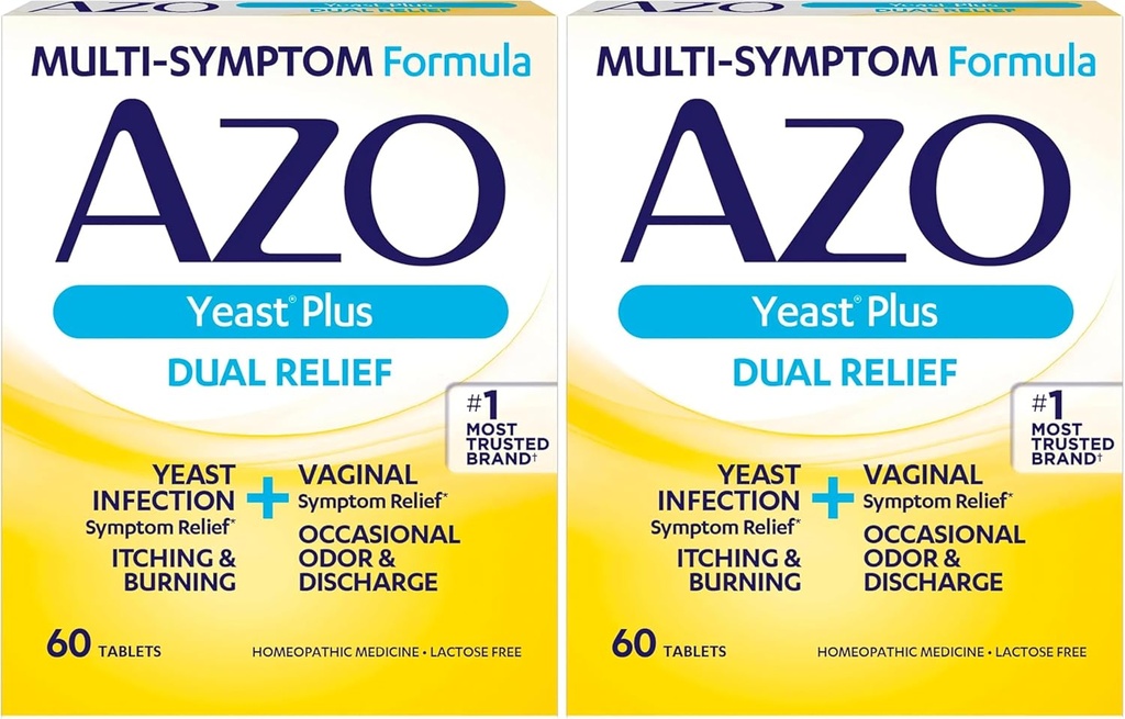 AZO Yeast Plus לוחות סיוע כפולים, זיהומים Yeast ו- Vaginal Symptom הקלה, Relieves Itching & Burning, 60 Count (Pack of 2)