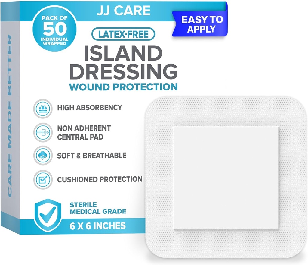JJ Care Adhesive Island Dressing[עריכת קוד מקור | עריכה], 6x6 Sterile Bordered Gauze Dressing, Breathable Island Wounding Individually Wraped with Highly Absorbent non-Stick Center Pad