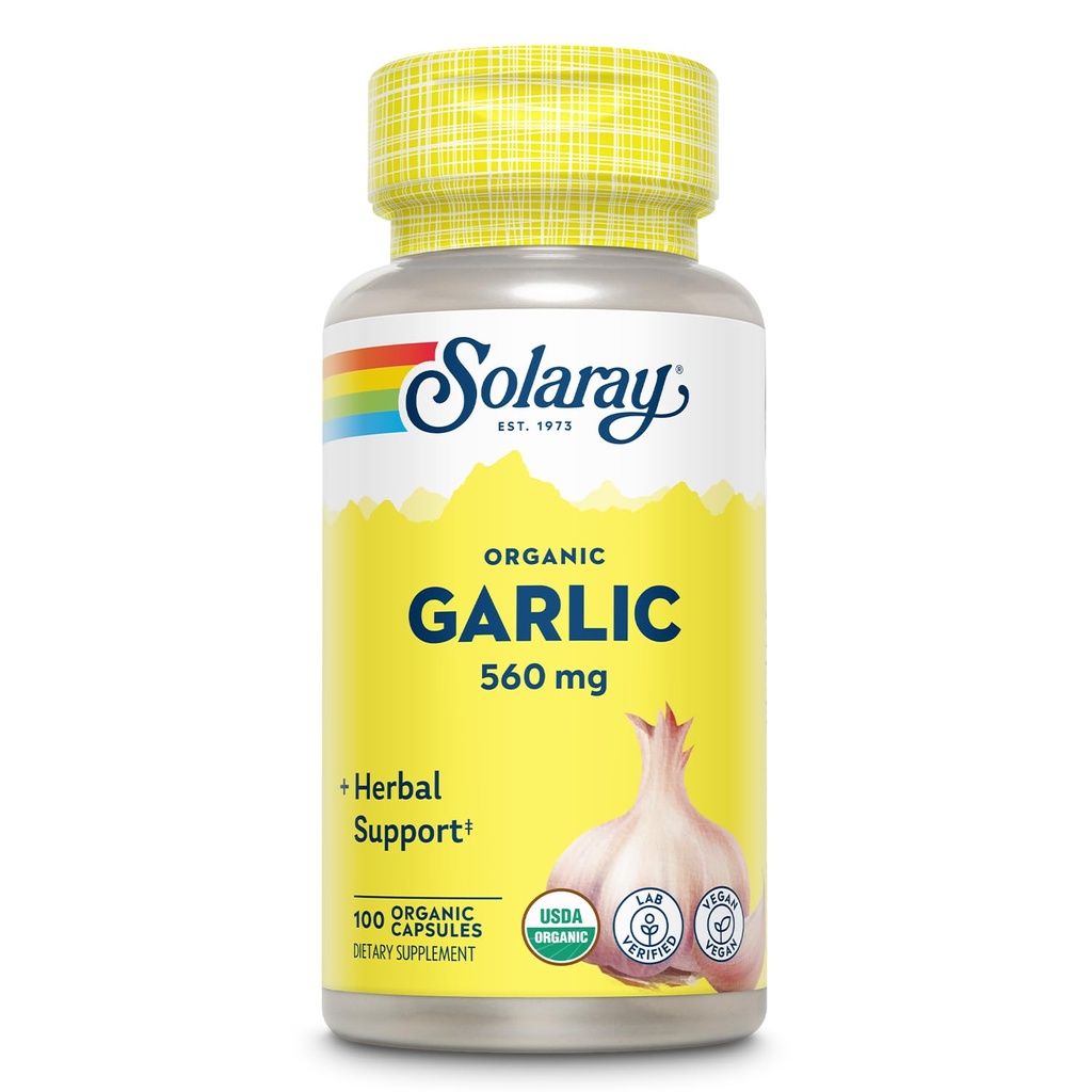 Solaray Organic Garlic Pills - 560 מ"ג תוספי Garlic לתמיכה בבריאות הלב - USDA אורגני Garlic כמוסות - טבעוני - 60-Day Money-Back Promise - 100 משרתים, 100 VegCaps