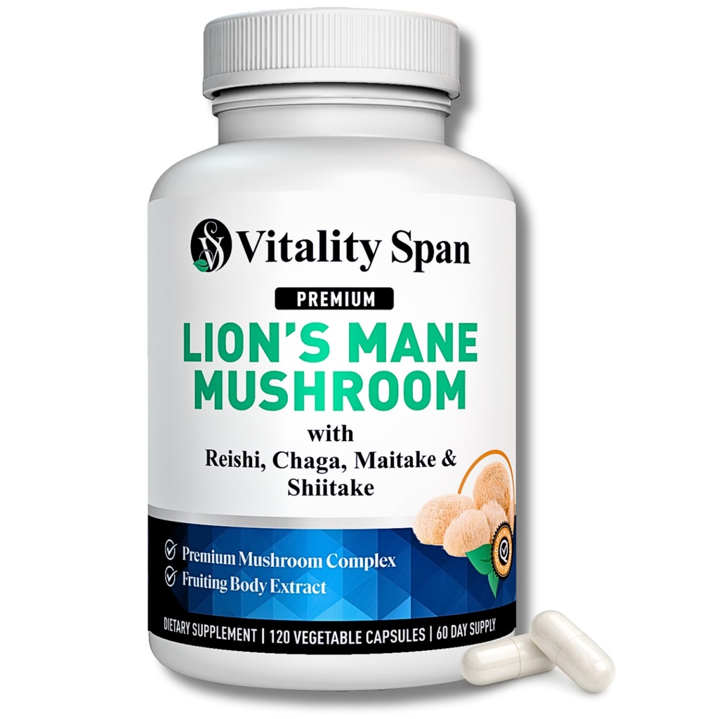 Lions Mane תוספת קפסולות - Mushrooms לחלץ: Chaga, Maitake, Reishi & Shiitake Mushrooms | Pure Fruiting Body | Nootropic, Focus, Brain and Cognitive Support