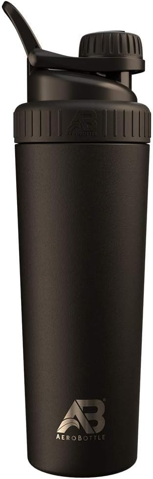 AeroBottle Cryo Shaker Cup, Insulated Stainless Steel Water Bottle וחלבון Shaker, Mixes חלבונים ו-Pre Workout With Turbulent Mixing Technology, No Balaing Ball או Wisk, 26oz, Black Ice