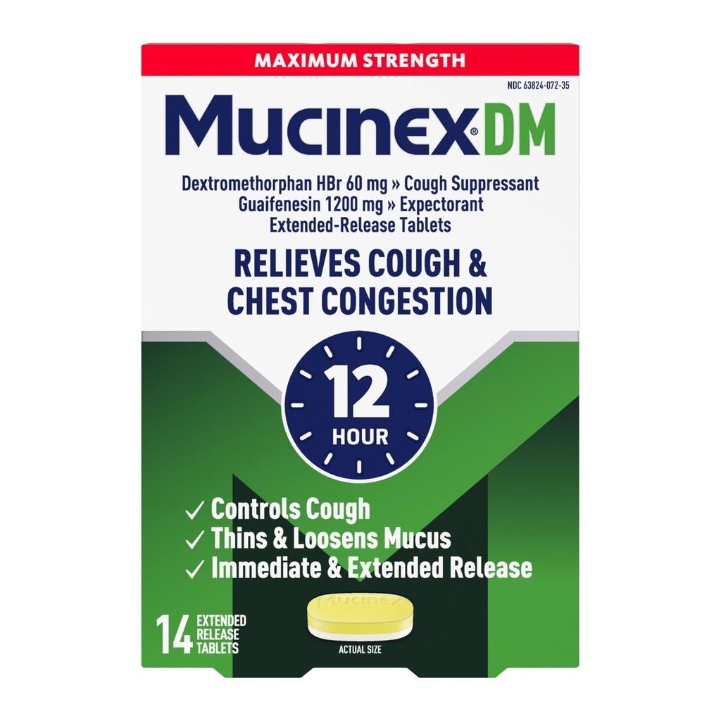 Cough Suppressant and Expectorant, Mucinex DM כוח מקסימלי 12 טבליות שעה, 14ct, 1200 מ"ג Guaifenesin, Relieves Chestungestion, Quiets Wet ו יבש Cough, 1 דוקטור ד"ר מומלץ OTC מצפהorant מצפהorant מצפה