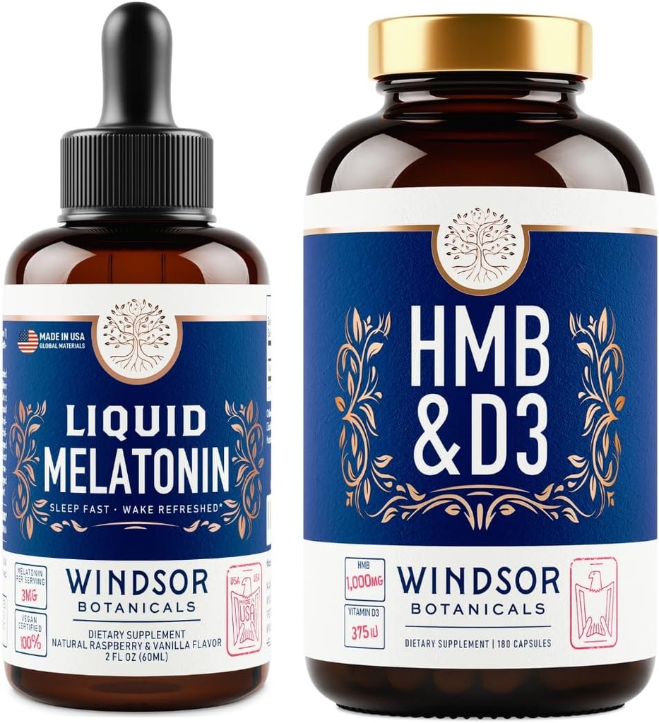 WINDSOR BOTANICALS HMB with Vitamin D3 Supplement and Liquid Melatonin 3mg - Workout and Recovery Bundle