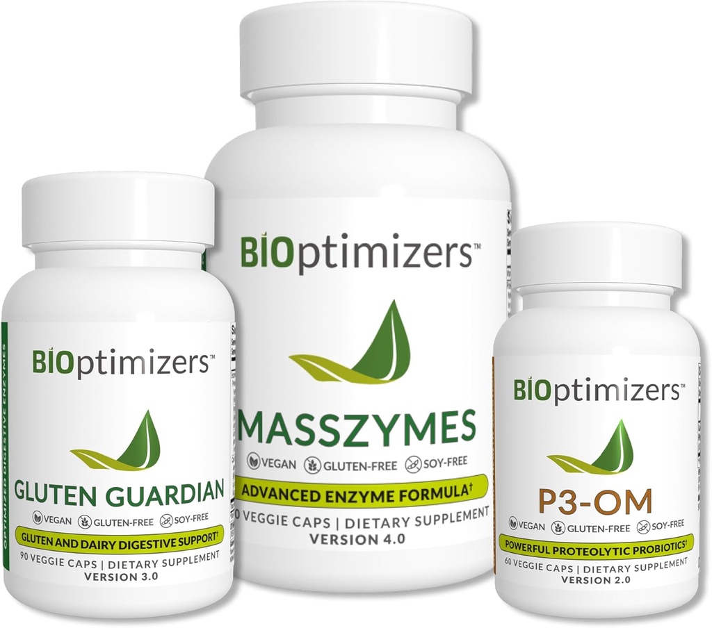 BiOptimminates Got Health Bundle - Enzyive Enmes with Probiotics and Prebiotics - Bloating Relief and Digestive Balance - P3-OM, Gluten Guardian, MassZymes (270 קפסולות)