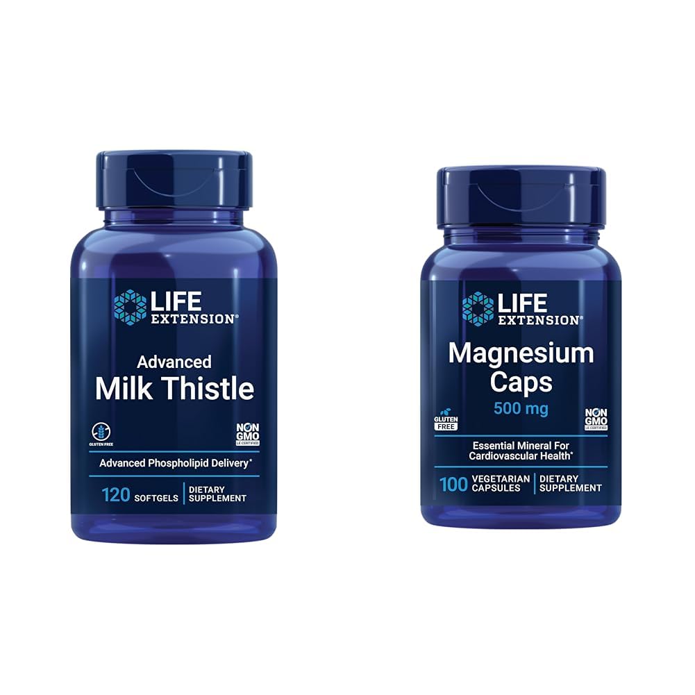 Life Extension Advanced Milk Thistle 120 Softgels and Magnesium 500 מ"ג קפסולות לבריאות Liver, Detox Support, Heart Health, and Health Bones