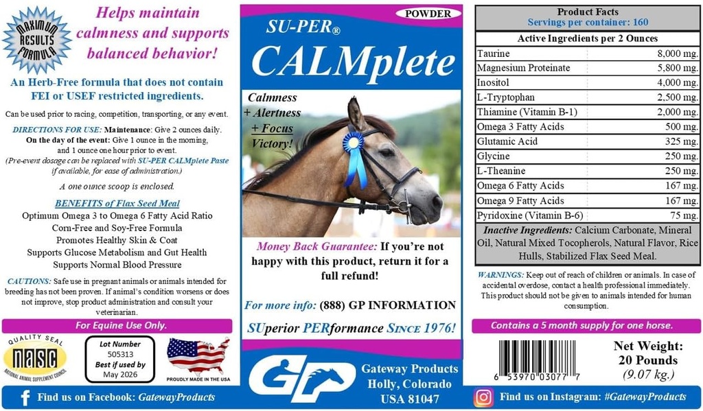 SU-PER CALMplete Calming Horse תוספת - לשמור על Calmness & Balanced התנהגות - Thiamine, Tryptophan & Magnesium - 20 פאונד, 5 חודשים אספקה (150 ימים)