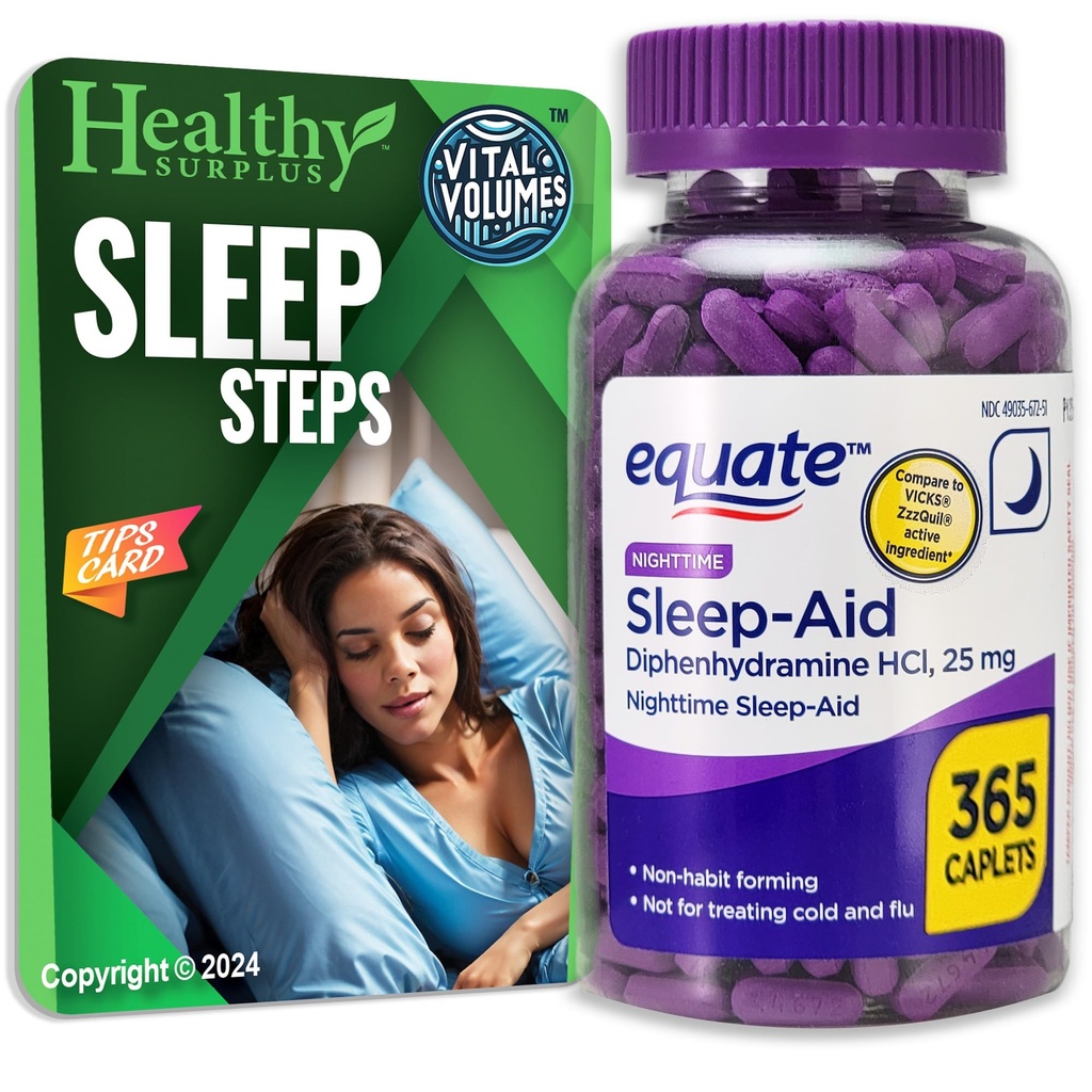 Equate Sleep-Aid Diphenhydramine HCI 25 מ"ג 365 Caplets ו Vital Volumes Sleep Steps