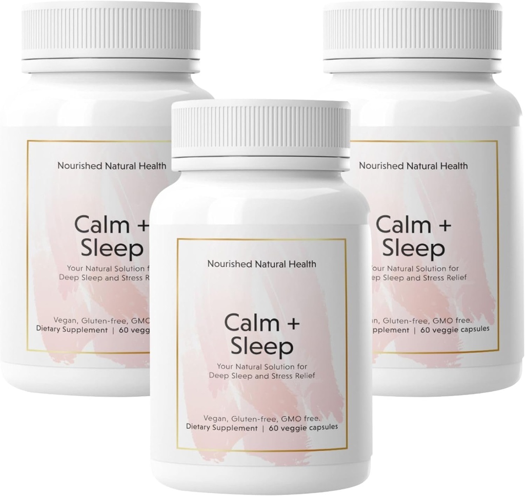 Nourished Natural - Calm + Sleep כמוסות עבור Deep Rest & הירגעות עם Ashwagandha, Chamomile, Tart Cherry Extract, Passionflower, L-theanine, & Magnesium - 180 קפסולות